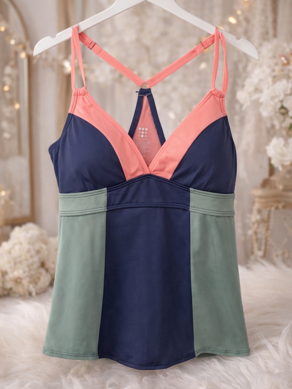 Title Nine Tankini Swim Top Women's MEDIUM Blue Green Pink Racerback Kuapapa